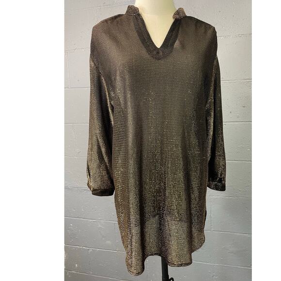 Vintage 70s Sheer Gold Metallic Tunic Blouse Med Lg Teddi California Disco Glam - Picture 3 of 14